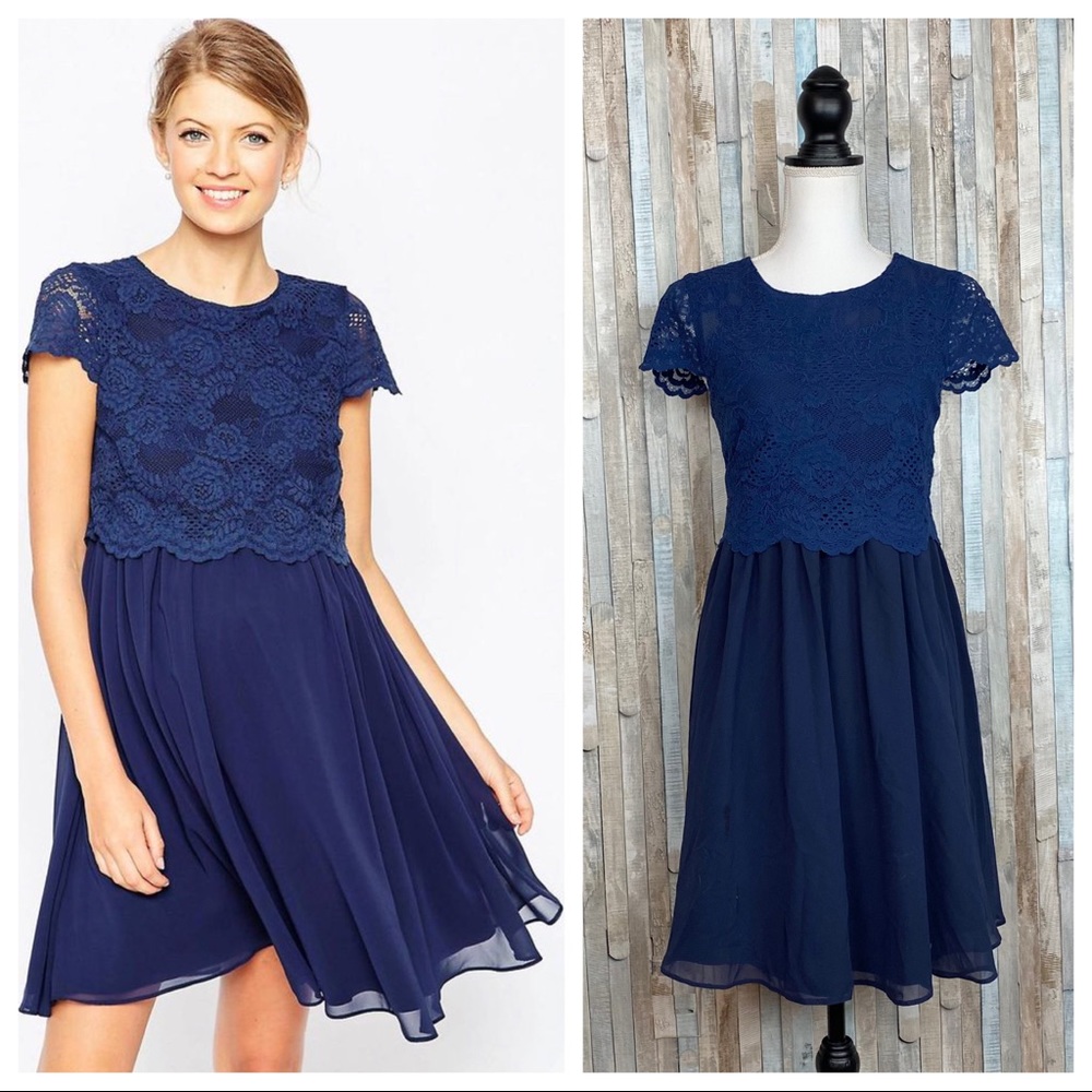 Asos‎ 6 Maternity Navy Blue Skater Dress Lace Crop Top Chiffon Cocktail Party
